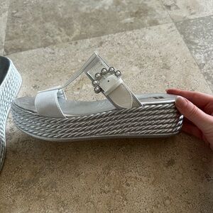 Brown’s white and silver platform sandals with pearl buckle size women’s US 9.5